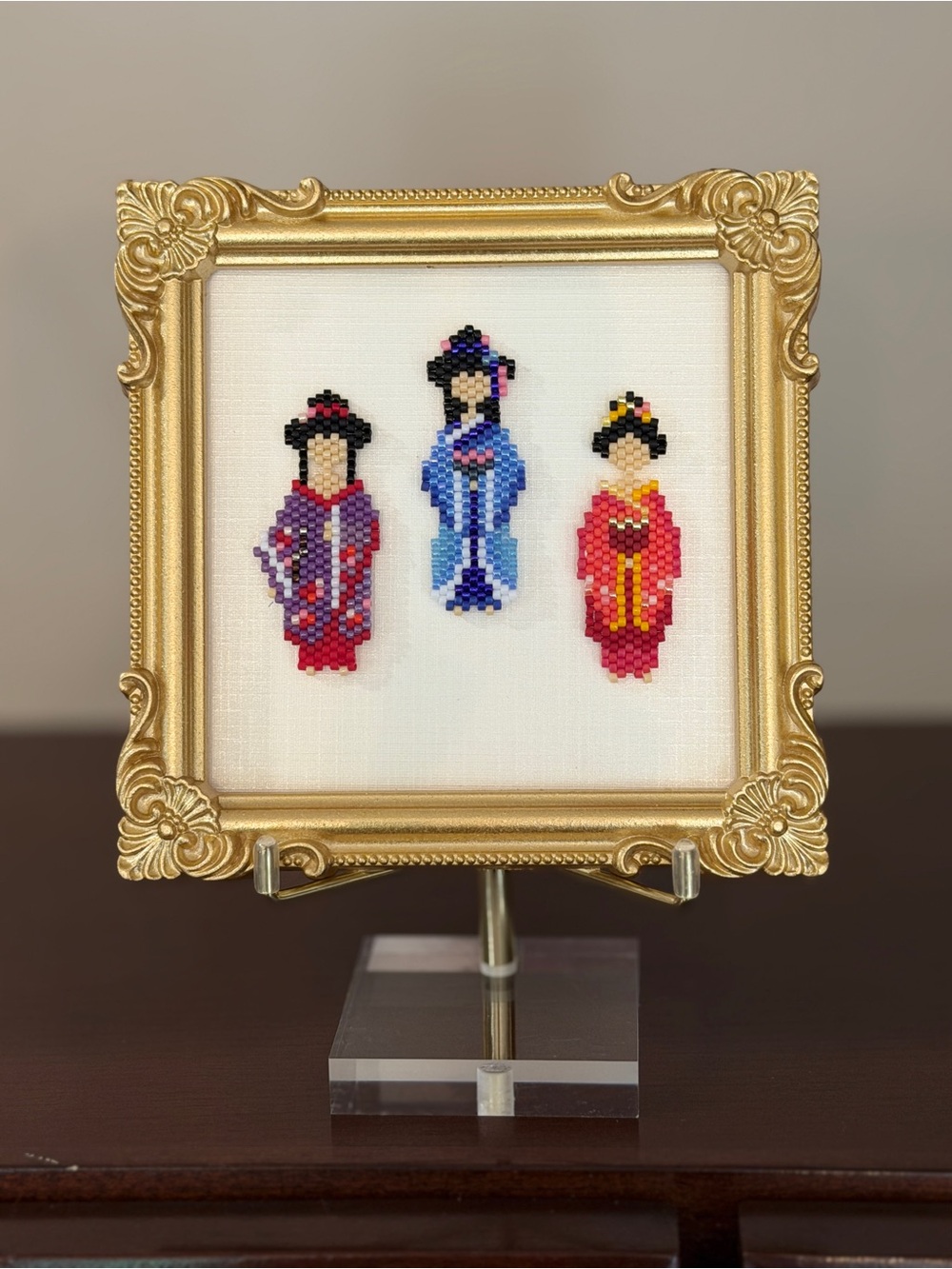 Framed Kimono Girls Miniature Art • Handmade Seed Bead Decor - Picture 1 of 7